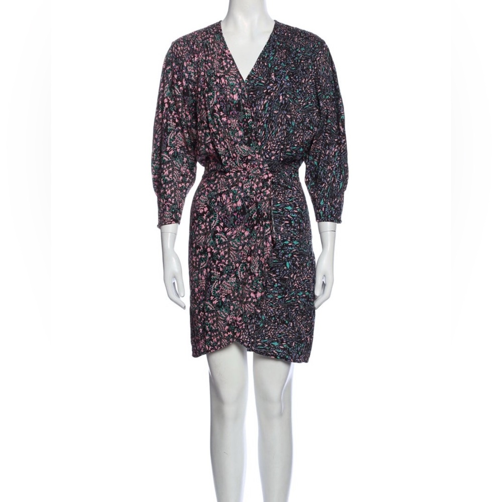 IRO patterened dress size 6/40 pink, green, black, side zipper, Vneck
